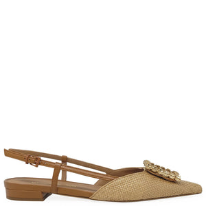 Tan flat shoe with woven design and gold embellishment on a white background