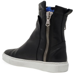 Black high-top sneaker with a silver zipper on a white background