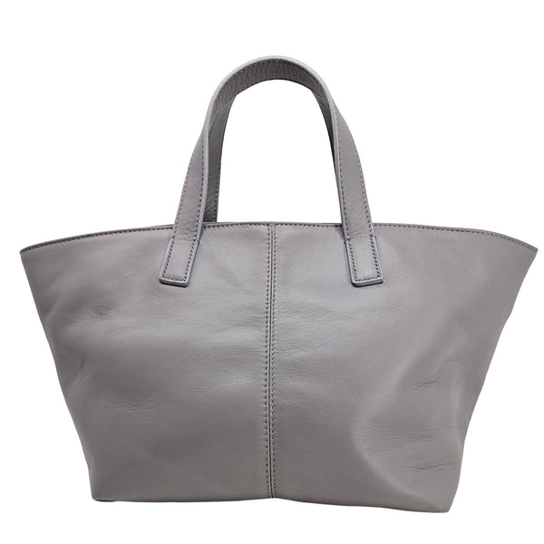 Madison Maison x Joan Hornig Light Grey Leather Lock Tote Bag front view, featuring soft calfskin leather and structured design.