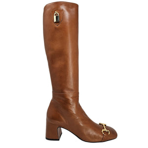 Brown knee-high boot with gold accents on a white background
