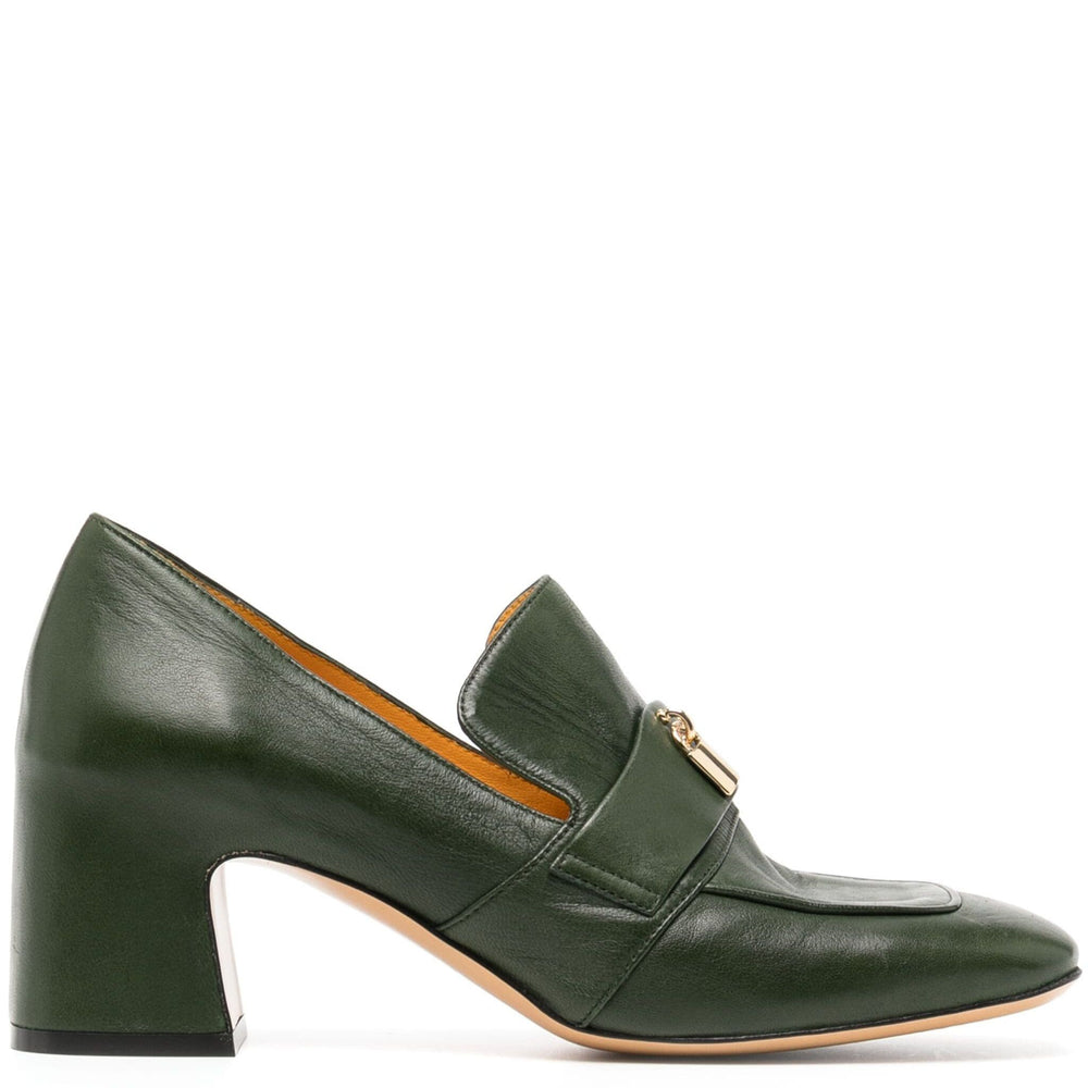 Green leather shoe with a gold buckle on a white background