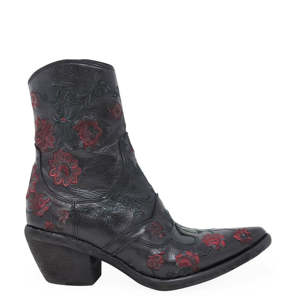 Black cowboy boot with red floral embroidery on a white background