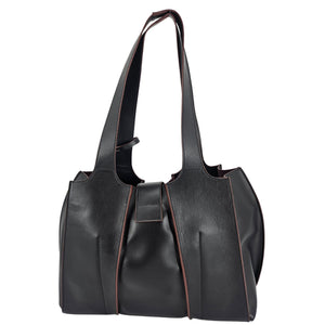 A sleek, black polished leather handbag with a wide opening, two top handles, and a horizontal gold bar accent on the front.