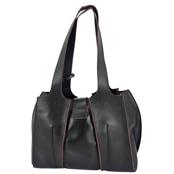 A sleek, black polished leather handbag with a wide opening, two top handles, and a horizontal gold bar accent on the front.