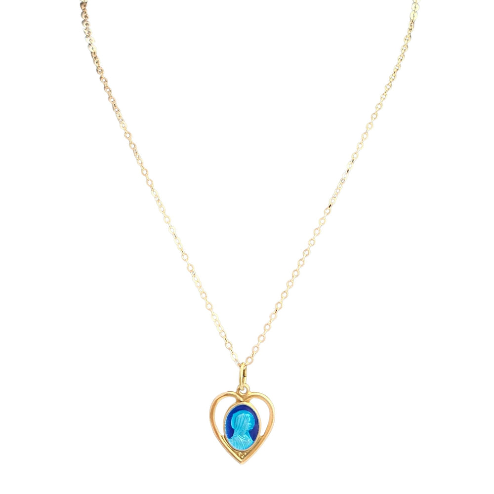 Gold necklace with a heart-shaped pendant featuring a blue gemstone on a white background