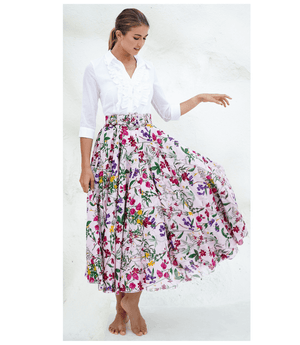 A knee-length dress with a collared neckline, three-quarter sleeves, and a flared skirt. Features a bold allover abstract pattern and fitted waist.
