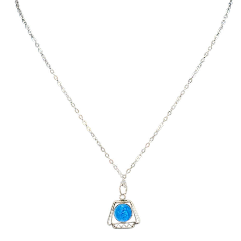 Silvertone pendant necklace with blue Virgin Mary cameo in triangular frame