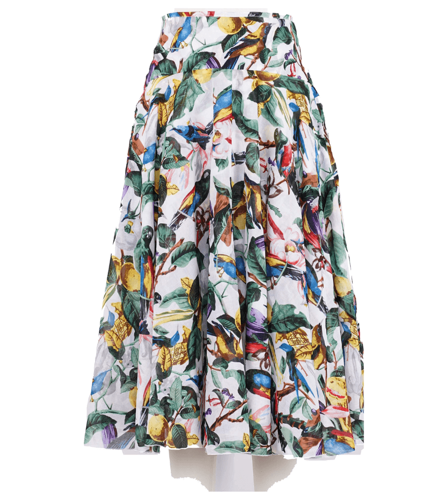 A knee-length dress with a collared neckline, three-quarter sleeves, and a flared skirt. Features a bold allover abstract pattern and fitted waist.