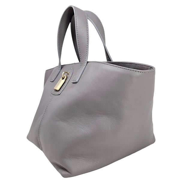 Madison Maison x Joan Hornig Light Grey Leather Lock Tote Bag side view showcasing its soft calfskin leather and gold lock