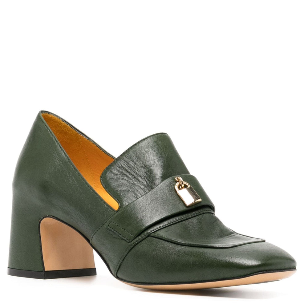 Dark green leather loafer with gold lock strap and low block heel