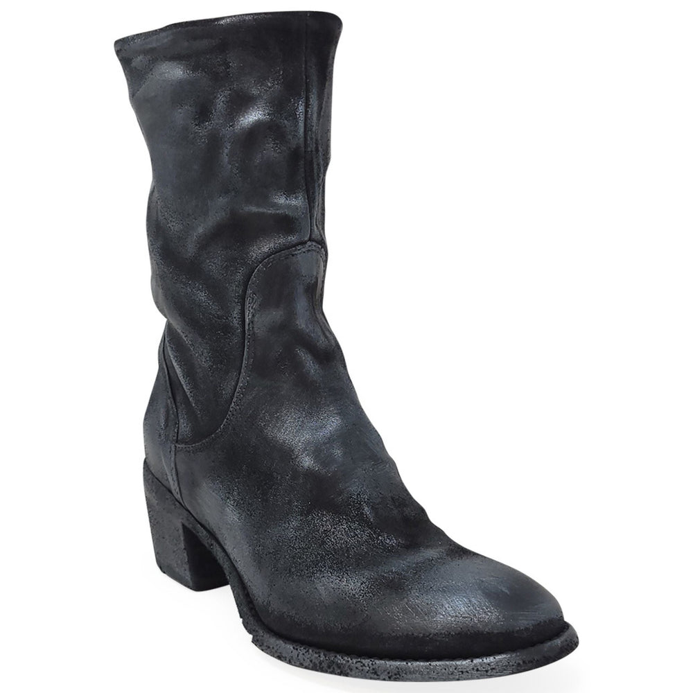 Mid-calf suede boot with block heel and stitched panel, dark metallic finish
