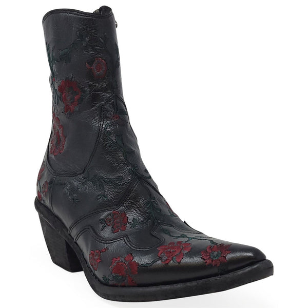 Black cowboy boot with red floral patterns on a white background