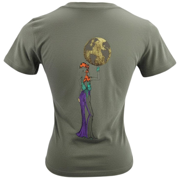 Green t-shirt with a colorful graphic of a person holding the Earth on the back, on a white background.