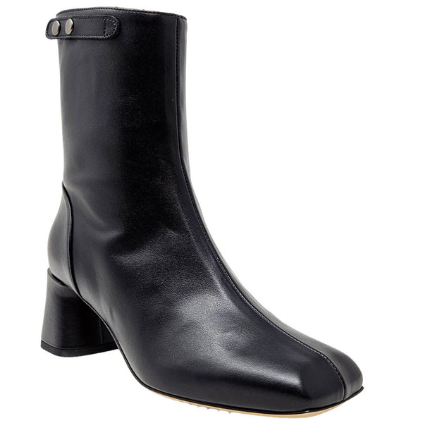 Black leather ankle boot with a block heel on a white background