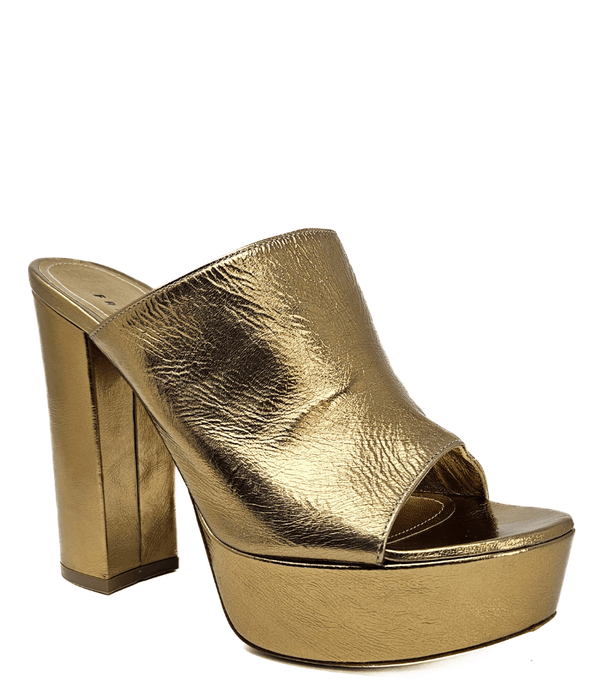 Open-toe platform mule with high block heel and wide upper strap. Features a smooth, metallic-textured finish and slip-on design for elevated wear.