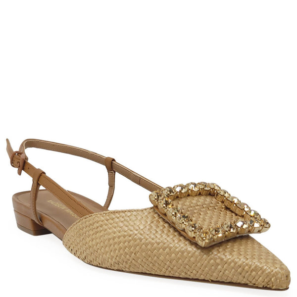 Beige flat shoe with gold embellishment on a white background