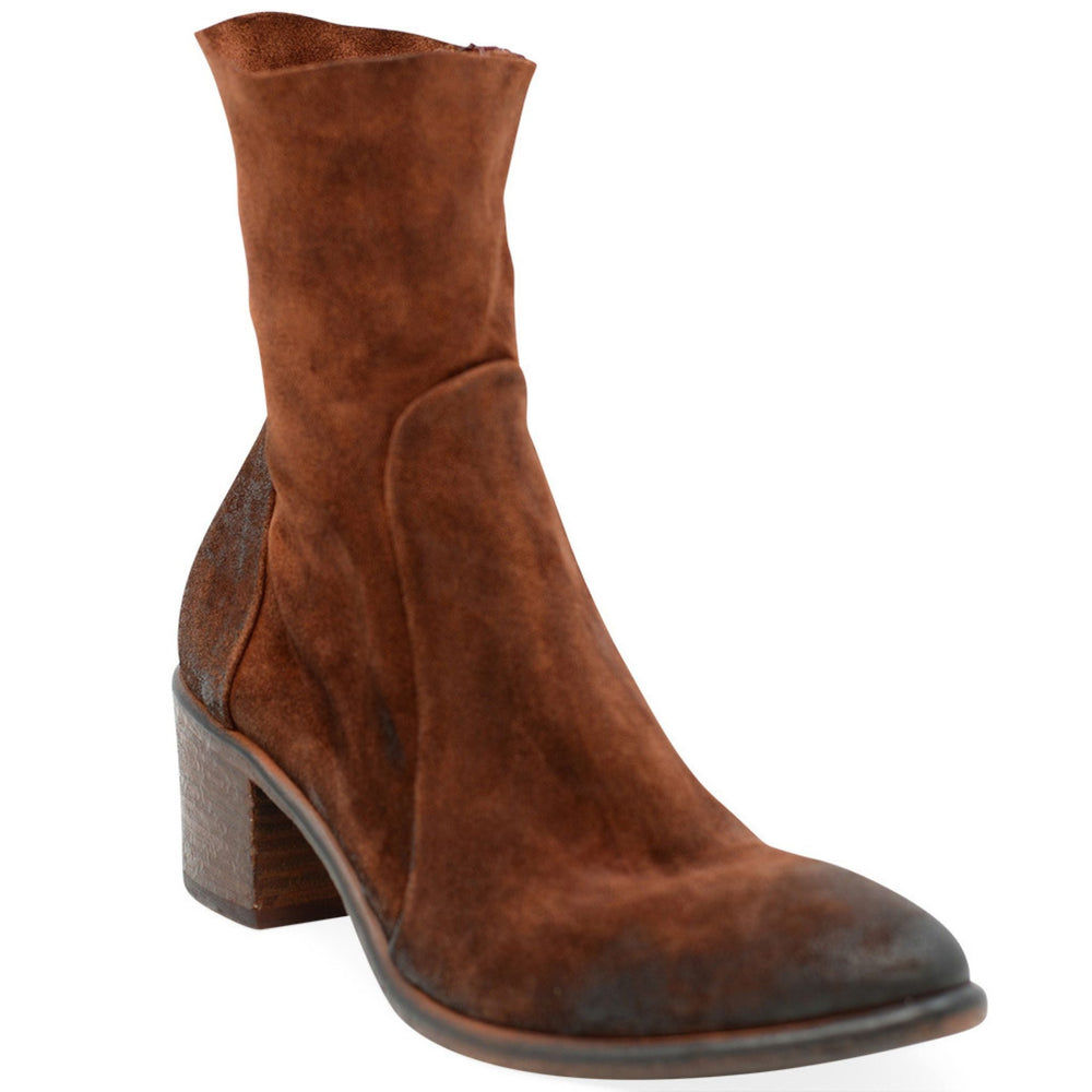 Tan suede ankle boot with block heel and almond toe