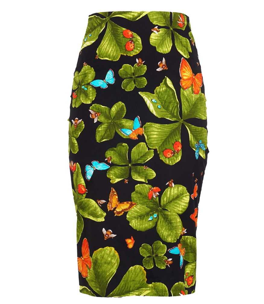 A knee-length dress with a collared neckline, three-quarter sleeves, and a flared skirt. Features a bold allover abstract pattern and fitted waist.