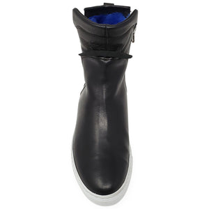 Black leather boot with a white sole on a white background