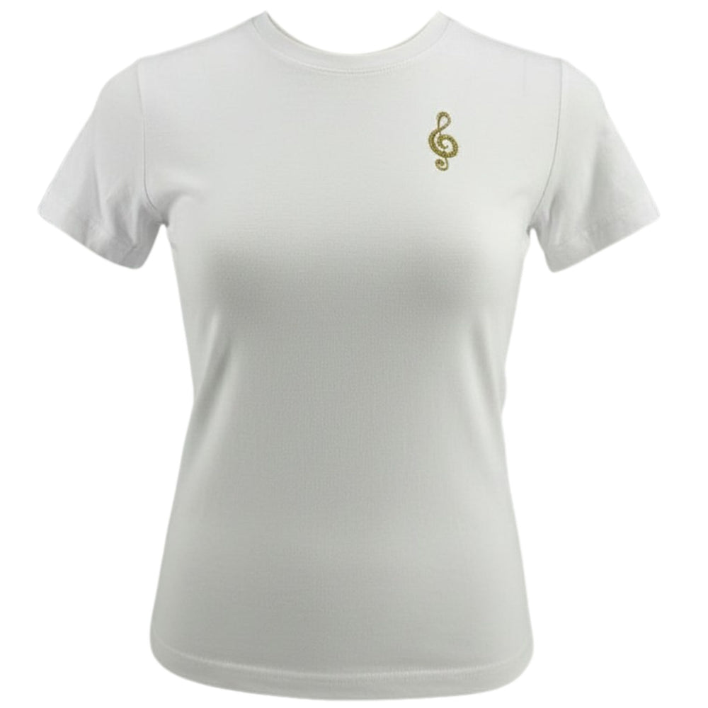 White t-shirt with a gold musical symbol on a white background