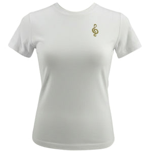 White t-shirt with a gold musical symbol on a white background