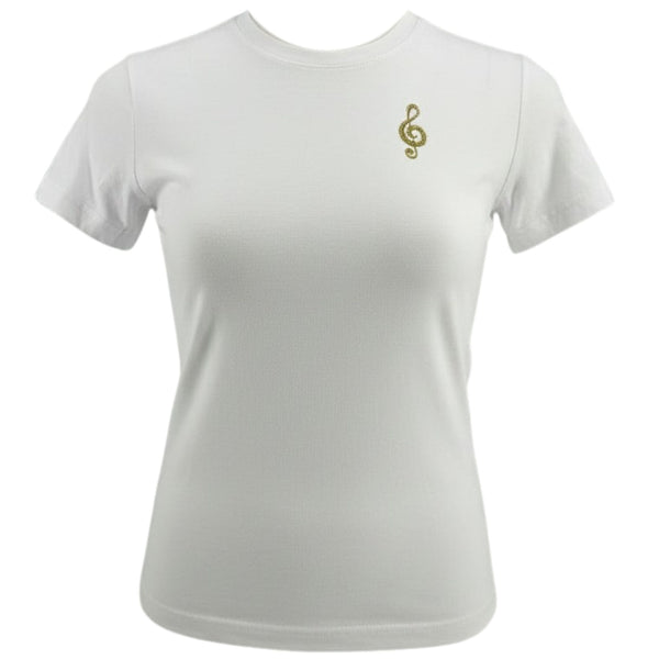 White t-shirt with a gold musical symbol on a white background