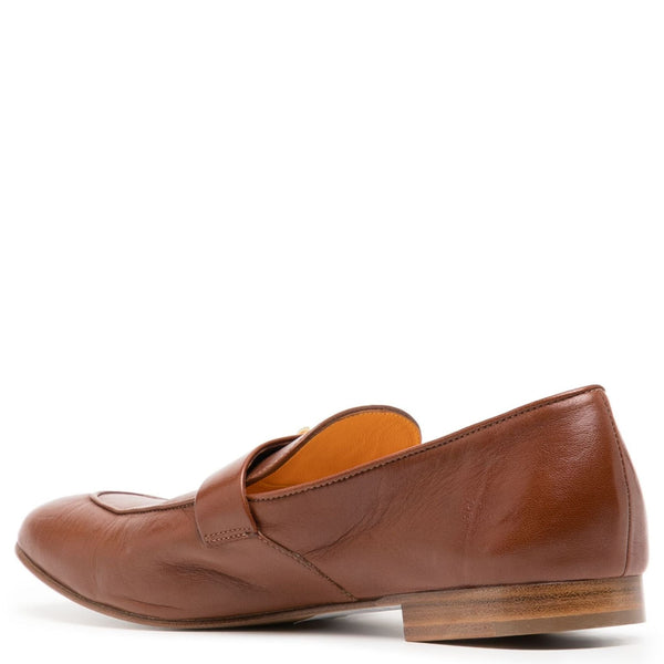 Brown leather loafer shoe on a white background