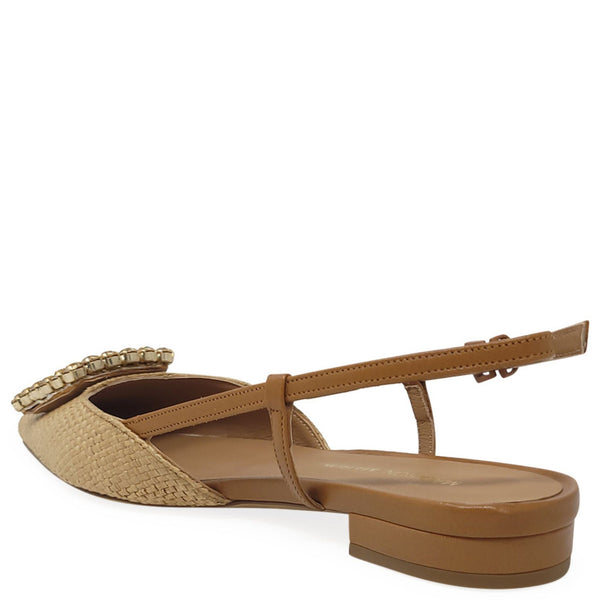 Tan sandal with woven detail on a white background