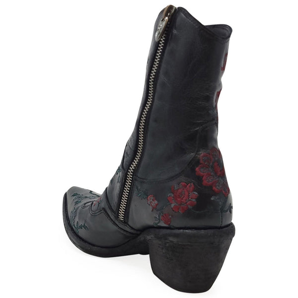 Black leather boot with floral embroidery on a white background