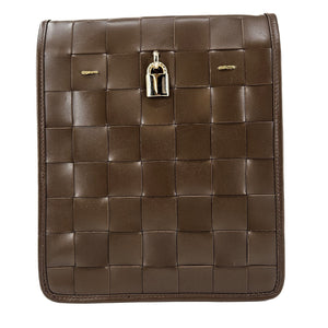 Brown woven leather bag with a padlock on a white background