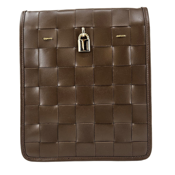 Brown woven leather bag with a padlock on a white background