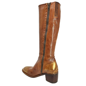 Brown leather knee-high boot with a zipper on a white background
