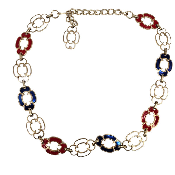 Necklace with red, blue, and gold chain links on a white background