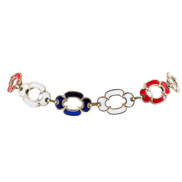 Bracelet with red, blue, and white links on a white background