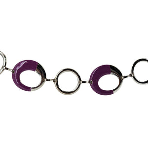 Necklace with purple and silver circular links on a white background