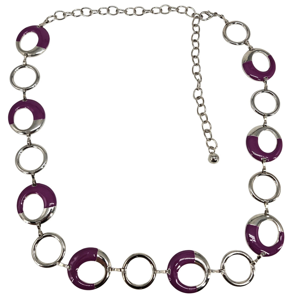 Necklace with purple and silver circular links on a white background