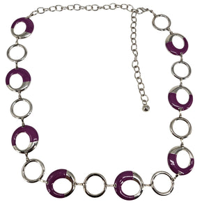 Necklace with purple and silver circular links on a white background