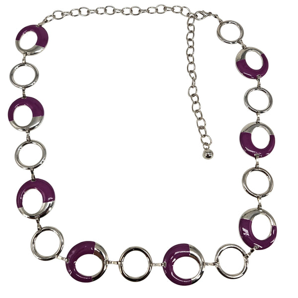 Necklace with purple and silver circular links on a white background
