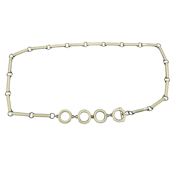 Gold belt with circular links on a white background