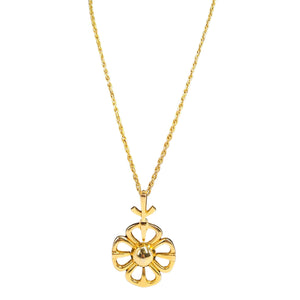 Gold necklace with a floral pendant on a white background