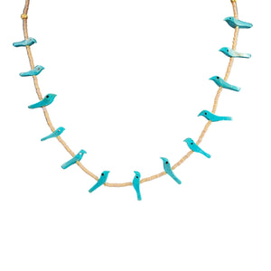 Necklace with turquoise bird-shaped pendants on a white background