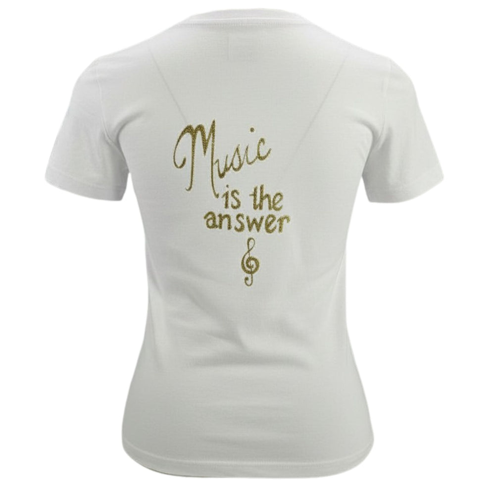 White t-shirt with a gold musical symbol on a white background