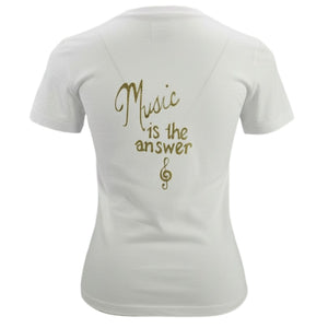 White t-shirt with 'Music is the answer' text and treble clef on a white background
