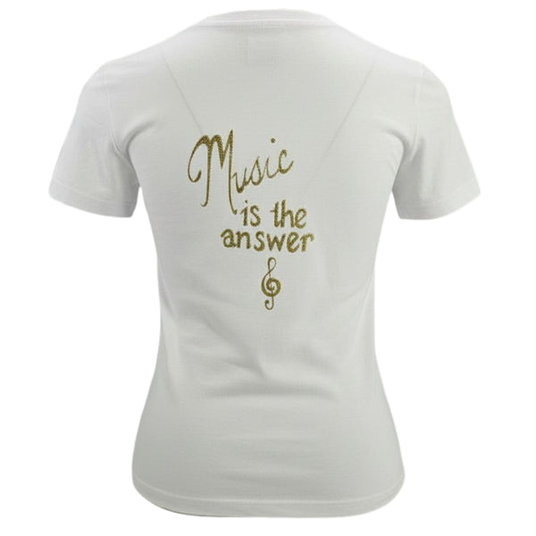 White t-shirt with 'Music is the answer' text and treble clef on a white background
