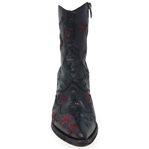 Black boot with red floral embroidery on a white background