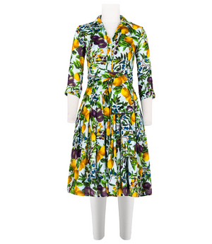 A knee-length dress with a collared neckline, three-quarter sleeves, and a flared skirt. Features a bold allover abstract pattern and fitted waist.