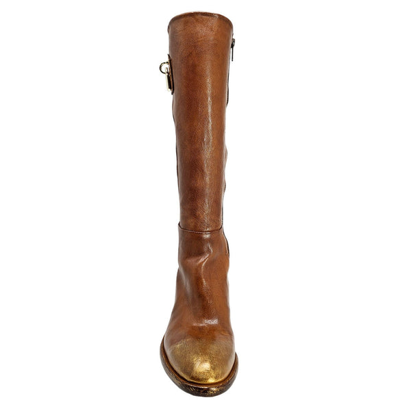 Brown leather knee-high boot on a white background
