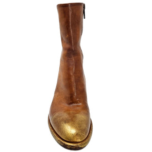 Brown leather boot with gold toe on a white background