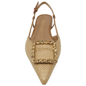 Beige pointed-toe sandal with gold embellishments on a white background