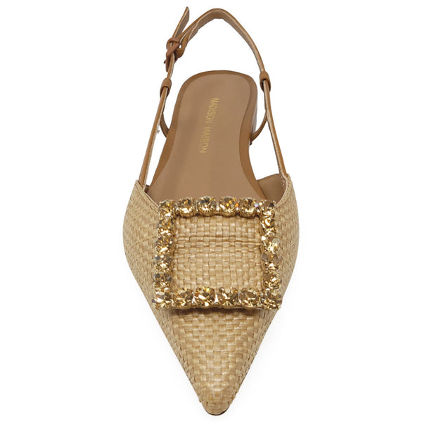 Beige pointed-toe sandal with gold embellishments on a white background